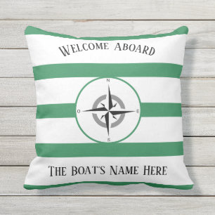 Coussin Bienvenue à bord des bateaux Nom Sea Green Stripes