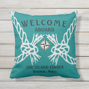 Coussin Bienvenue à bord du bateau Nom Turquoise et blanc