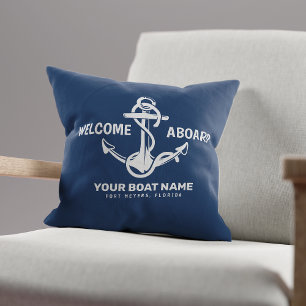 Coussin Bienvenue à bord Nautical Navy Blue Boat Nom