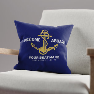 Coussin Bienvenue à bord Nom de bateau bleu marine et or n