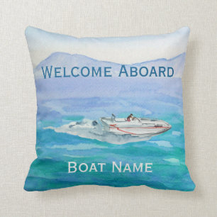 Coussin Bienvenue à bord Nom du bateau Aquarelle nautique