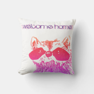 Coussin Bienvenue Accueil Woodland Pink Raccoon