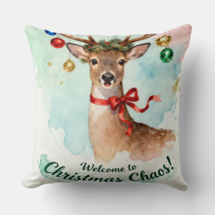 Coussin Bienvenue au Chaos de Noël - De mignons rennes