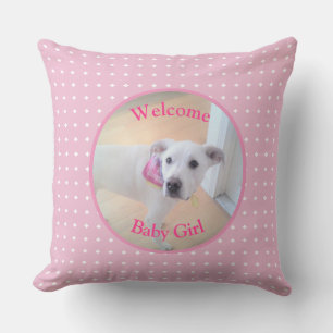 Coussin Bienvenue Bébé Fille Photo de Chiot Blanc Mignon C