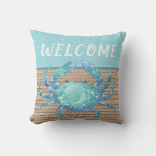 Coussin Bienvenue Corde d'aquarelle de crabe bleu Turquois