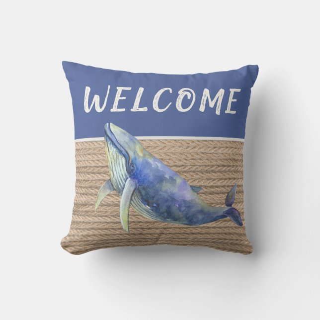 Coussin Bienvenue Corde de baleine bleue marine (Recto)