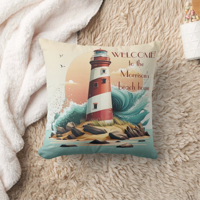 Coussin Bienvenue dans notre Beach House Lighthouse image, (Couverture)
