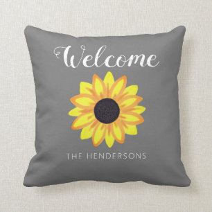 Coussin Bienvenue Fleur de soleil jaune Fleur de gris Nom 