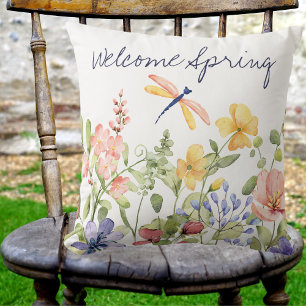 Coussin Bienvenue Printemps avec Fleurs sauvages et libell