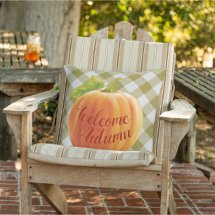 Coussin Bienvenue Récolte d'Automne Citrouille sur Gingham