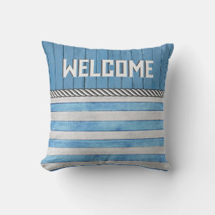 Coussin Bienvenue sur Blue Wood et Stripes