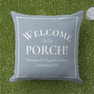 Coussin Bienvenue sur Porch Custom Family Names Dusty Blue