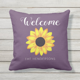Coussin Bienvenue Tournesol Russe violet Monogramme jaune