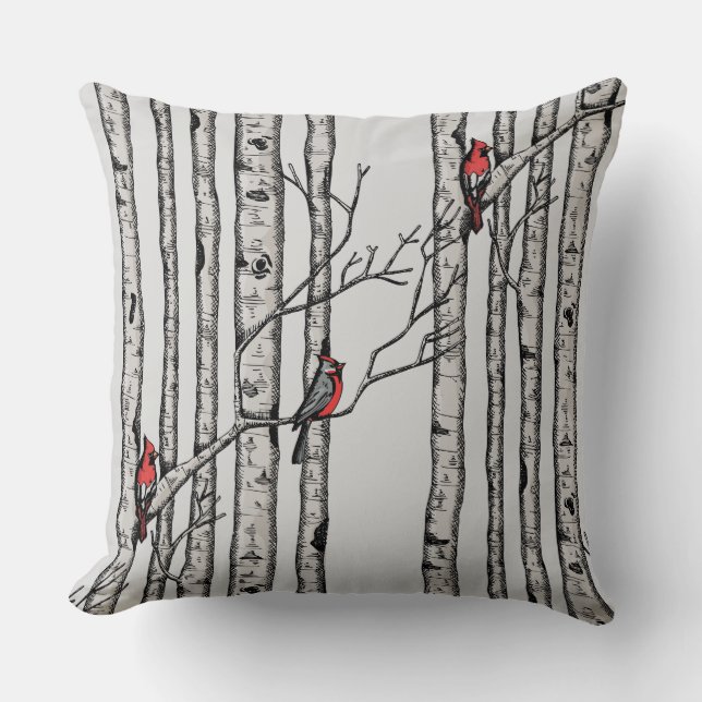 Coussin Birches rouges et gris et oiseaux cardinaux rouges (Recto)