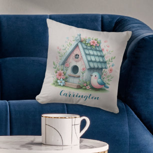 Coussin Birdhouse bleu et rose doux Personnalisé