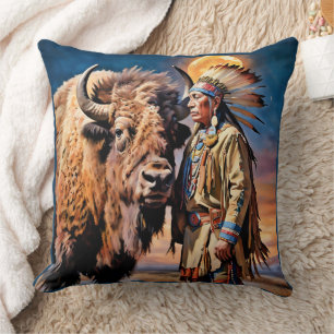 Coussin Bison et chef amérindien