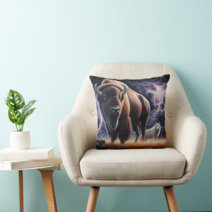 Coussin Bison et loup dans un orage avec éclair