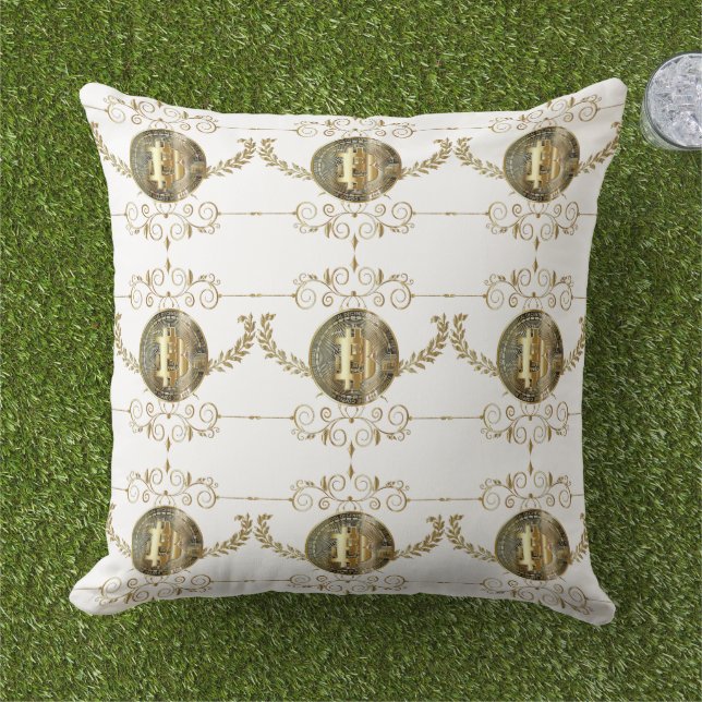 Coussin Bitcoin Gold Coin argent numérique blanc (Herbe)