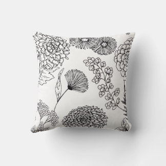 Coussin Black and White Hand-Drawn Floral SketThrow Pillow