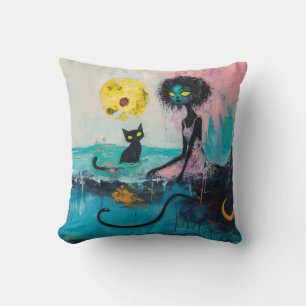 Coussin Black Cat Moon Ocean Rose Magique Witchy AI Art
