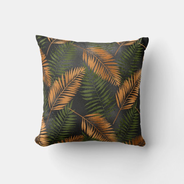 Coussin Black Copper Brown Palm Tree Leaf Glam Tropical (Recto)