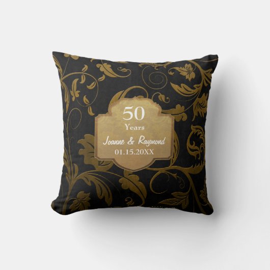 Coussin Black & Gold Damask 50e anniversaire de Mariage 2c (Recto)