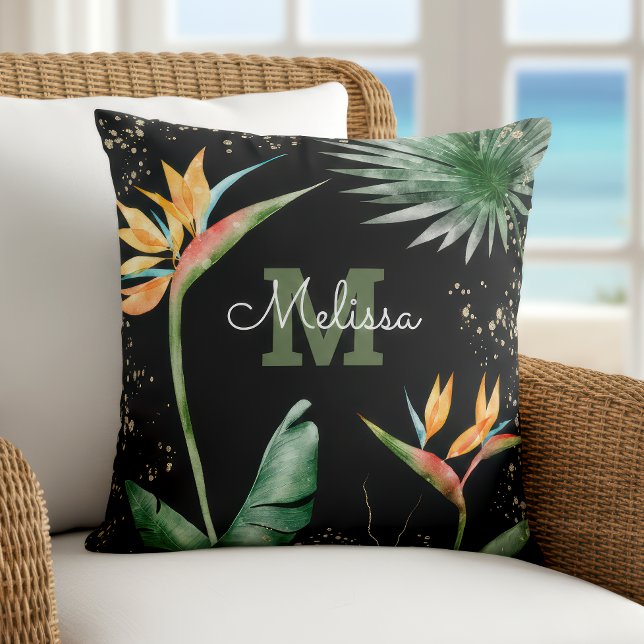 Coussin Black Gold Tropical Island Floral Monogramme Scrip (Créateur téléchargé)