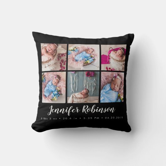 Coussin Black Monogrammed Birth Stat Black Photo Collage (Recto)