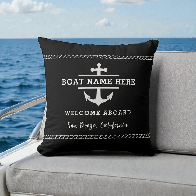 Coussin Black Nautical Boat Name Welcome Aboard Anchor  (Créateur téléchargé)