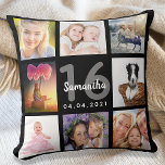 Coussin Black personnalisé photo collage Sweet 16<br><div class="desc">Un cadeau unique pour une fille de Sweet 16, 16e anniversaire, célébrant sa vie avec un collage de 8 de vos propres photos, photos. Personnalisez et ajoutez son nom, 16 ans et une date. Un arrière - plan noir chic. Lettres et chiffres gris et blancs. Le nom est écrit avec...</div>