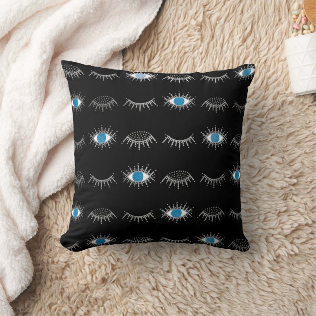 Coussin Black & Silver Blue Evil Eye Eyelashes Nazar Mati (Couverture)