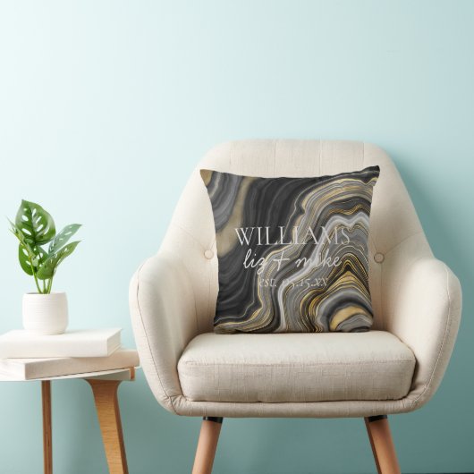 Coussin Black White Gold Agate Nom Mariage Date Keepsaké (Chaise)