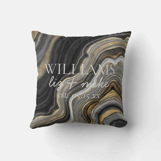 Coussin Black White Gold Agate Nom Mariage Date Keepsaké (Verso)