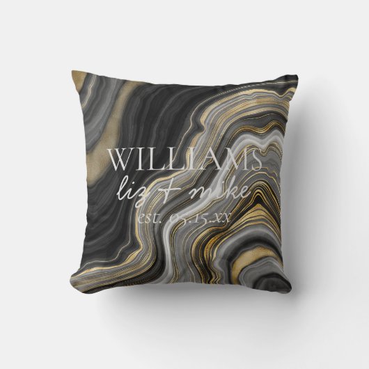 Coussin Black White Gold Agate Nom Mariage Date Keepsaké (Recto)