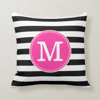 Coussin Black White Stripes Chic Minimal Hot Pink Monogram