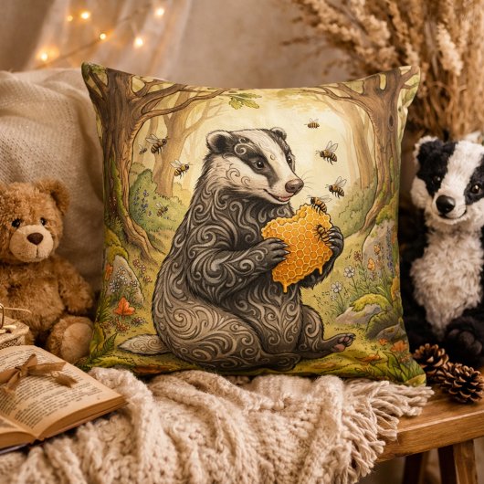 Coussin Blaireau adorable mangeant du miel Animaux de la f
