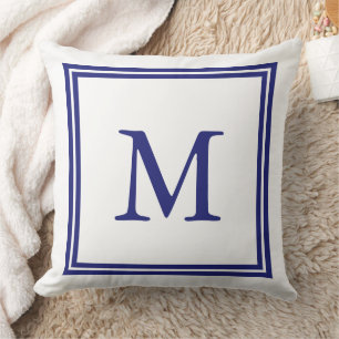 Coussin Blanc avec monogramme à double cadre bleu marine