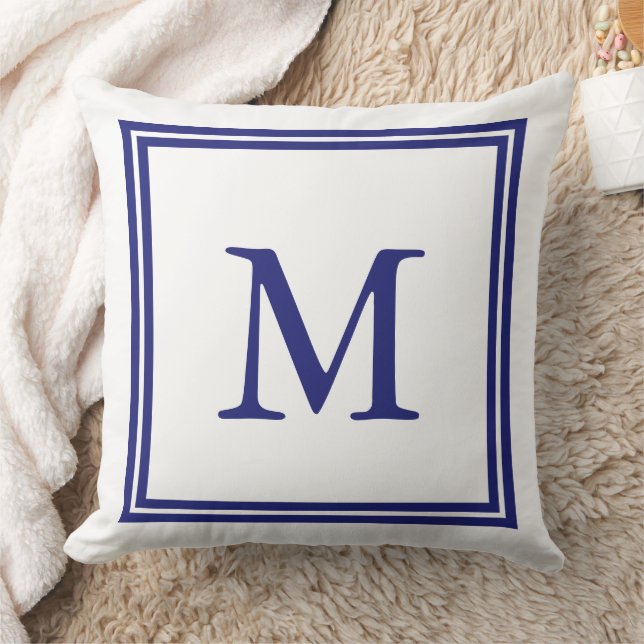 Coussin Blanc avec monogramme à double cadre bleu marine (Couverture)