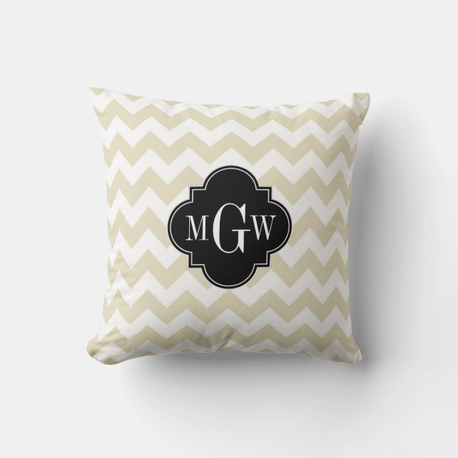 Coussin Blanc Beige Chevron Noir Quatrefeuilles 3 Monogram (Recto)