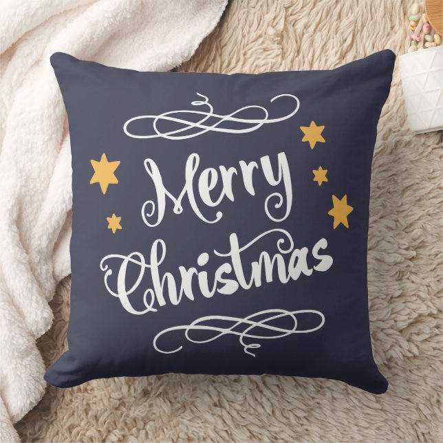 Coussin Blanc bleu de minuit de typographie de Joyeux Noël (Couverture)