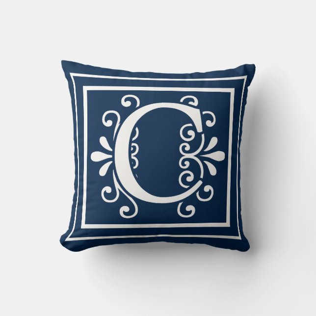 Coussin Blanc de bleu marine de monogramme de la lettre C (Recto)