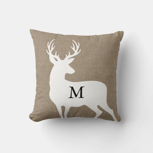 Coussin blanc de monogramme de silhouette de cerfs (Recto)
