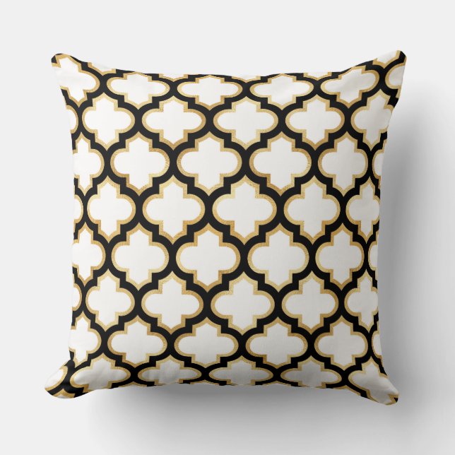 Coussin blanc de treillis de Quatrefoil d'or noir (Recto)