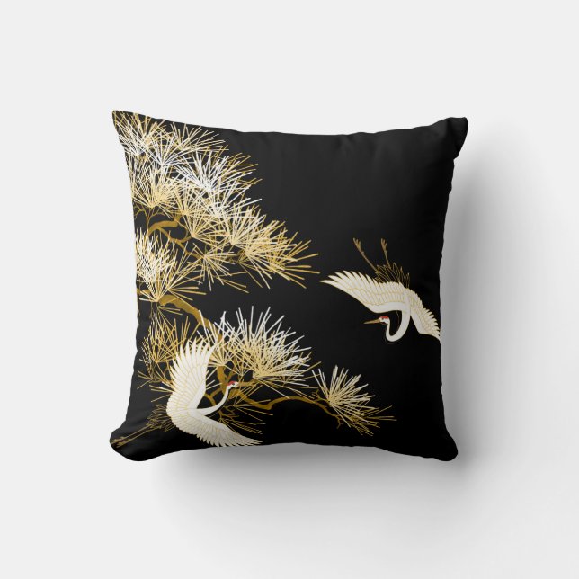 Coussin blanc d'oiseaux d'or noir de grues de (Recto)