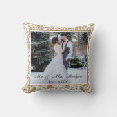 Coussin Blanc Élégant et Or Faux Paillettes Photo Mariage  (Recto)