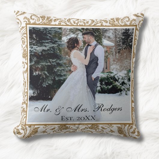 Coussin Blanc Élégant et Or Faux Paillettes Photo Mariage 