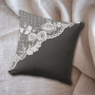 Coussin Blanc Faux Lace Corner Charcoal Grey