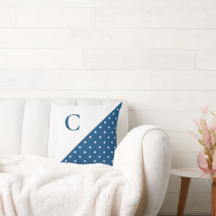 Coussin Blanc gras sur bleu Polka Motif Monogramme