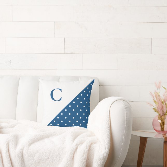 Coussin Blanc gras sur bleu Polka Motif Monogramme (Canapé)