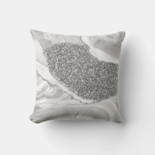 Coussin Blanc Gris Argent Paillettes Luxe Géode d'agate
